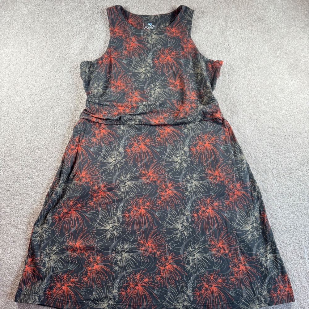 Kuhl Womens Gray Orange Floral Burst Sleeveless Ruched Waist Dress Large L